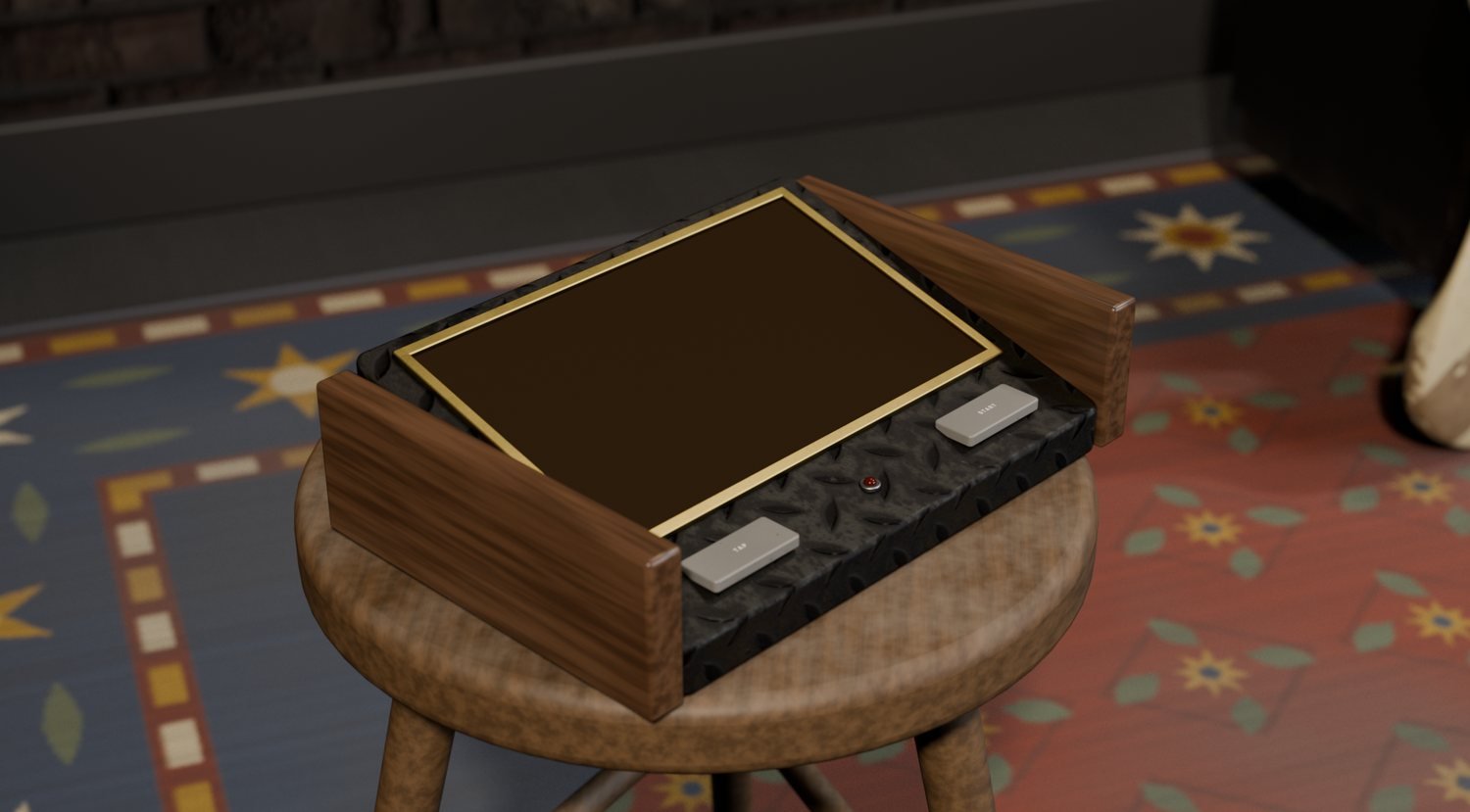 The metronome on its stool, its screen lit