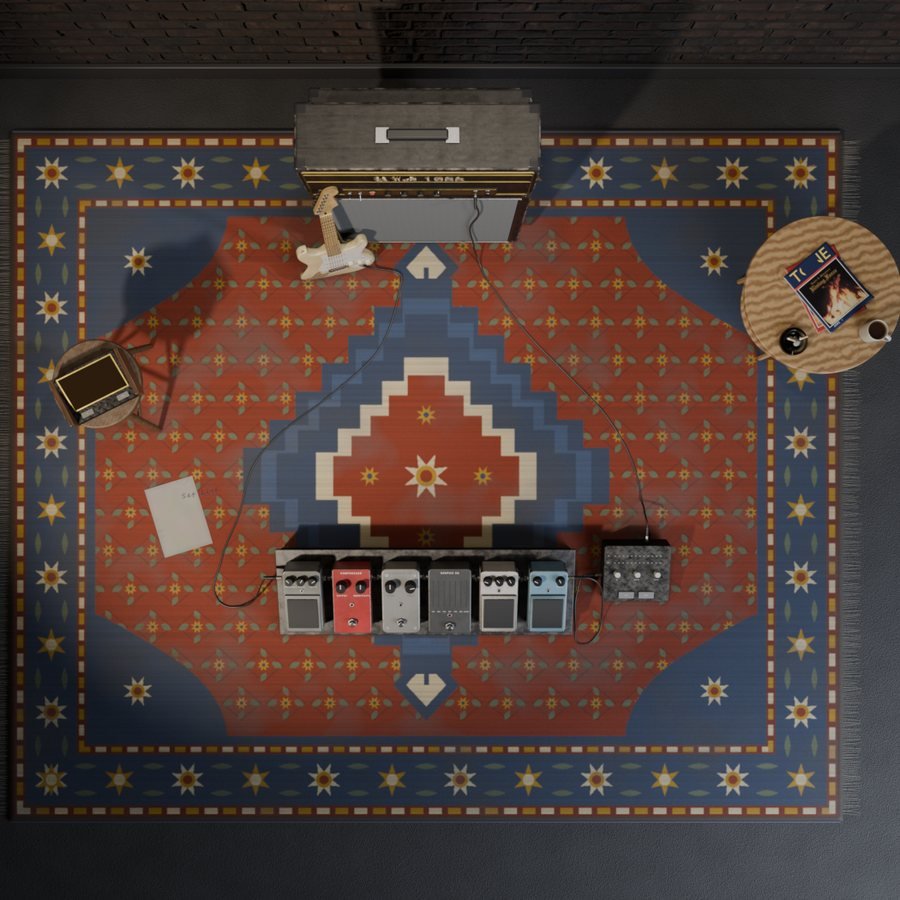 The floor plan: rug, board, stack, stool and table